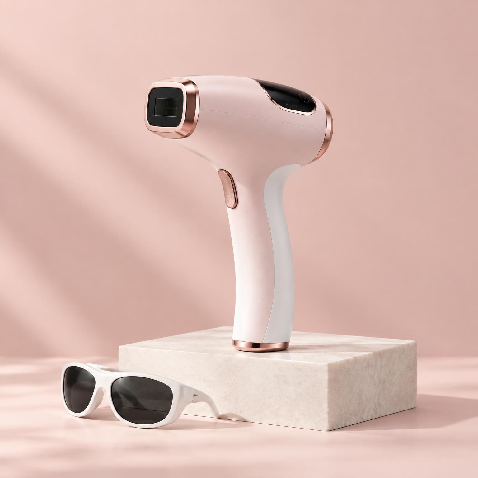 Depilador IPL Ice Cool rosa aveludado com acabamento dourado e óculos de proteção